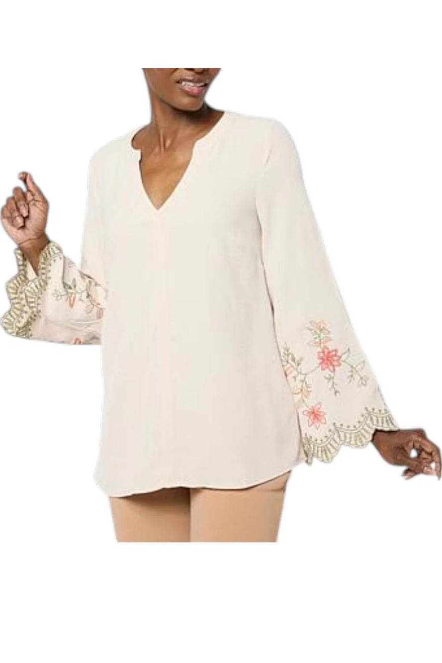 Nina Leonard Women's Textured Wave Knit Embroidered Bell-Slv Top Buff - Regular